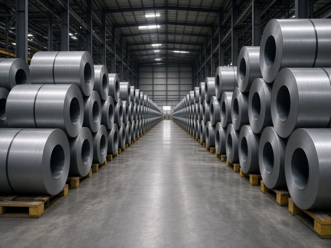 Steel coils stored in an industrial warehouse